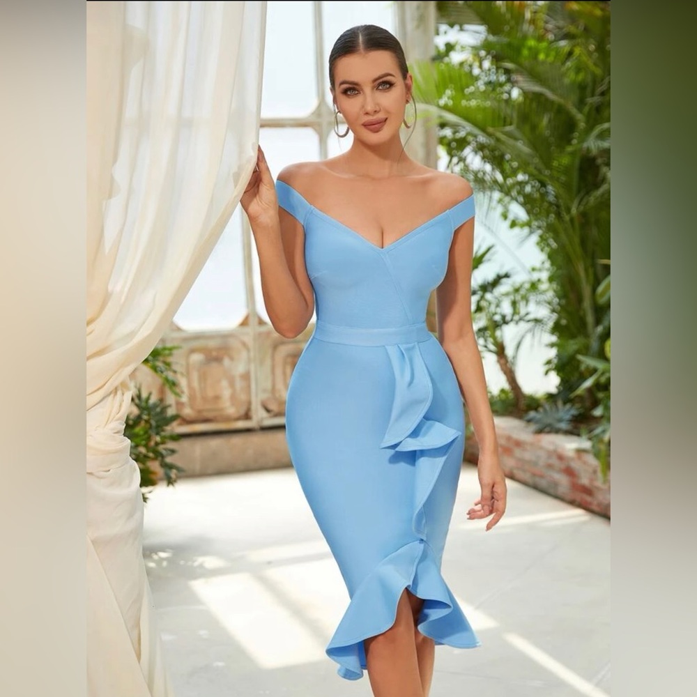 Off Shoulder Ruffle Trim Bandage Dress- Baby Blue
